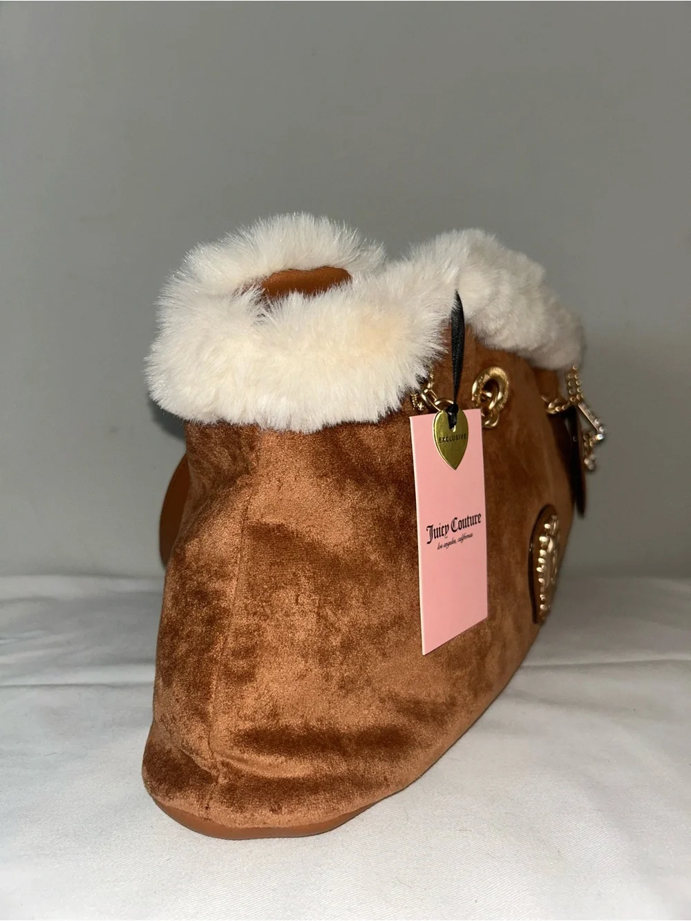 NEW! JUICY COUTURE Faux Sherpa Suede Glamour Gang Satchel Cinnamon Brown